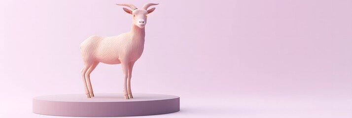 Wall Mural - goat standing proudly on a circular pedestal with a minimalist design. The goat is pastel beige with glowing eyes