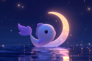 Wall Mural - artoon Pisces standing under a glowing crescent moon, with stars twinkling in the background