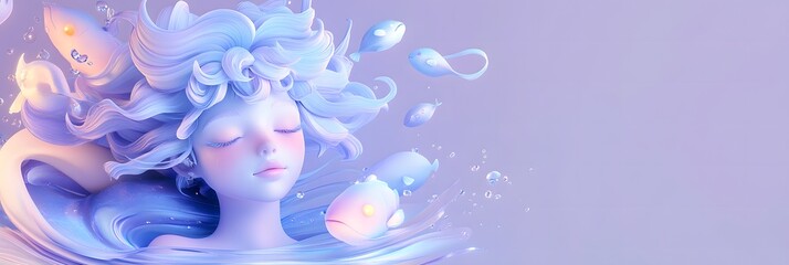 Wall Mural - A 3D cartoon Pisces surrounded by soft, flowing waves that circle around the figure. The figure has gentle pastel green skin, with a peaceful expression