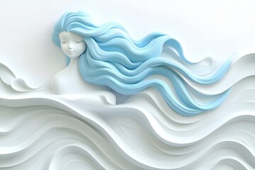 Wall Mural - 3D cartoon Aquarius with water flowing in curved lines, creating an elegant pattern around the figure. The Aquarius character is pastel blue with flowing hair
