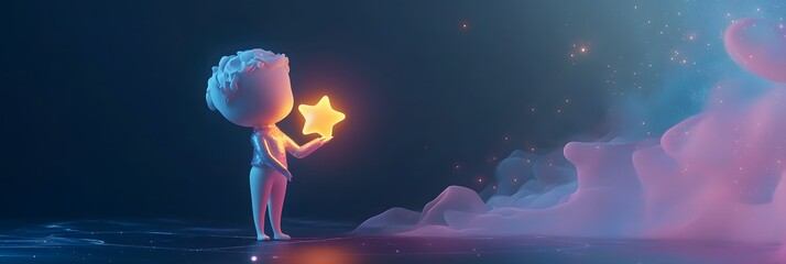 Wall Mural - 3D cartoon Aquarius holding a glowing star while standing in a cosmic setting