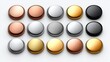 © pector - An assortment of 18 round buttons in various metallic finishes, including gold, silver, copper, and black, arranged in three rows of six.
