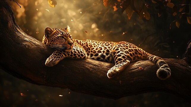 Sri Lankan leopard, Panthera pardus kotiya, a large spotted cat lying on a tree in its natural habitat.