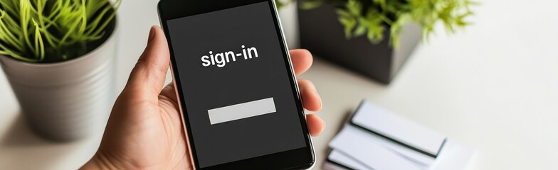 Poster - A hand holding a smartphone displaying a sign-in screen with potted plants in the background.