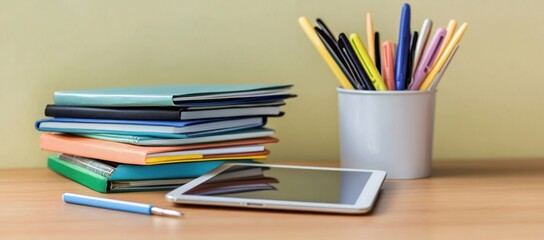 Poster - A workspace featuring a tablet, notebooks, and pens for study or organization.