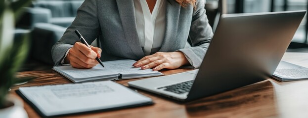 Aufkleber - A professional setting with a person taking notes while using a laptop.