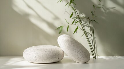 Poster - Two smooth, speckled stones beside bamboo against a soft green wall, creating a serene ambiance.