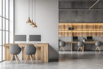 Aufkleber - Modern office space with wooden desks, computers, and stylish chairs.