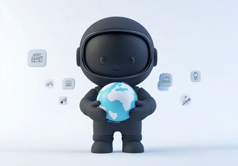 Poster - A cute black astronaut character holding a globe, surrounded by icons representing various concepts.