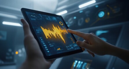 Leinwandbilder - A hand interacts with a tablet displaying data visualization and analytics.