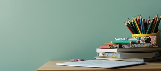 Poster - A study desk with stacked books, stationery, and colored pencils against a green wall.