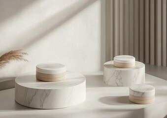 Aufkleber - Minimalist display featuring marble and wooden elements in a serene, well-lit setting.