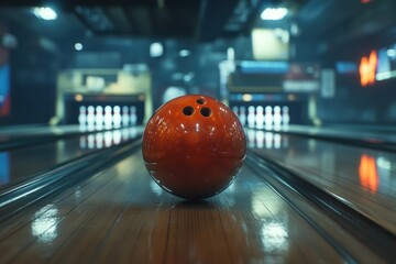 Wall Mural - A vibrant orange bowling ball rolls down a polished lane towards the pins in a bowling alley.