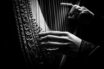 Aufkleber - A close-up of hands playing a harp, showcasing intricate details and musical expression.
