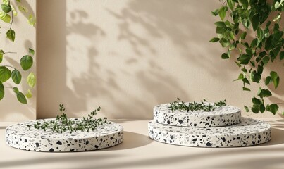 Aufkleber - Three textured circular platforms with greenery, casting shadows against a soft background.