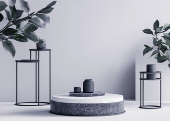 Aufkleber - A minimalist display featuring geometric shapes, plants, and decorative items in a serene setting.