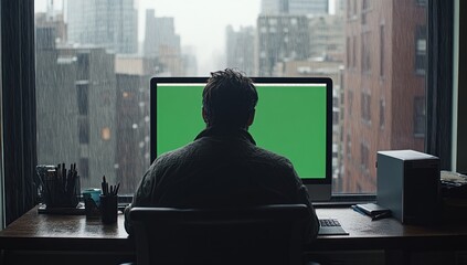 Aufkleber - A person sitting at a desk in front of a computer with a green screen, overlooking a cityscape.