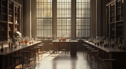 Aufkleber - A spacious laboratory filled with glassware, illuminated by natural light.
