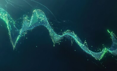 Fototapete - Abstract digital wave representation with glowing particles and flowing lines.