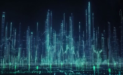 Leinwandbilder - A futuristic digital landscape with towering structures and flowing data visualizations.