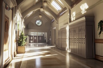 Aufkleber - A sunlit school hallway with lockers and large windows, creating an inviting atmosphere.
