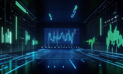 Poster - A futuristic digital environment with data visualizations and glowing elements.
