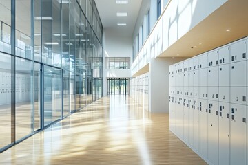 Aufkleber - A modern office corridor with lockers and large glass windows allowing natural light.