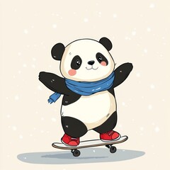 Wall Mural - A cute panda wearing a blue scarf skateboards happily on a skateboard.