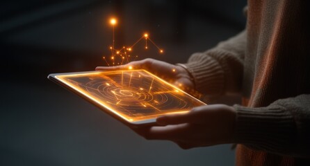 Leinwandbilder - A person holds a glowing tablet displaying abstract data visualizations.