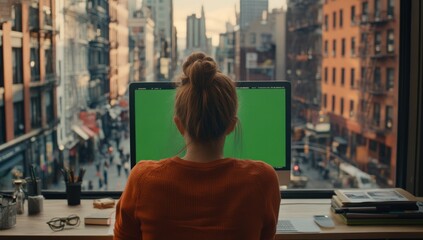 Aufkleber - A person working at a computer with a green screen, overlooking a cityscape.
