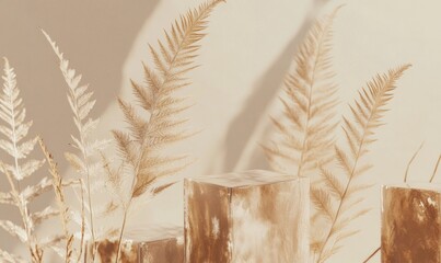 Aufkleber - A serene composition of dried ferns and geometric shapes in warm tones.