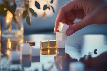 Aufkleber - A hand stacking small cubes on a reflective surface, creating a serene atmosphere.