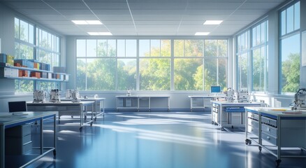 Aufkleber - A bright laboratory space with workstations and large windows overlooking greenery.