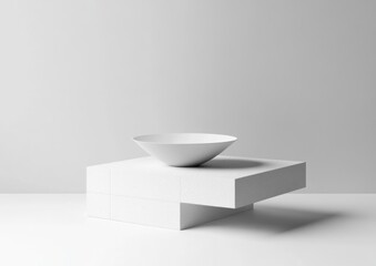 Leinwandbilder - A minimalist white table with a shallow bowl on top, emphasizing simplicity and design.
