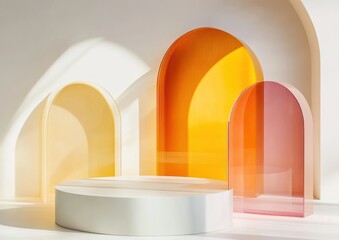 Aufkleber - A minimalist display featuring colorful arched panels and a circular platform.