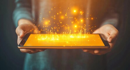 Poster - A person holds a tablet displaying glowing golden particles, symbolizing technology and innovation.