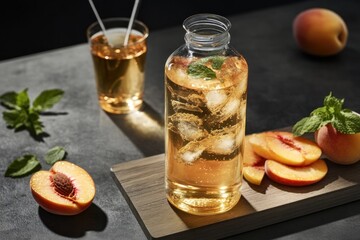 Sticker - A refreshing beverage in a glass pitcher with peach slices and mint leaves.