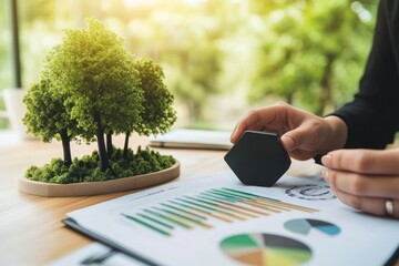 Poster - A person analyzing environmental data with a miniature tree model on a desk.