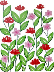 Wall Mural - Vibrant Hand-Painted Red and Pink Flowers With Green Leaves on White Background