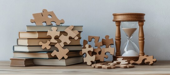 Aufkleber - A serene arrangement of books, puzzles, and an hourglass, symbolizing time and knowledge.