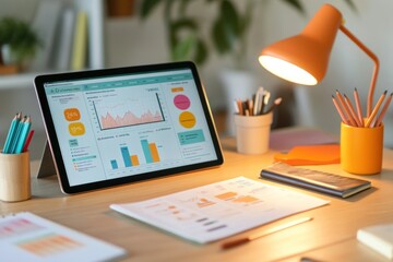 Aufkleber - A workspace with a tablet displaying charts and graphs, a lamp, and stationery.