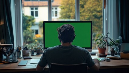 Aufkleber - A person working at a desk with a green screen monitor and plants in the background.