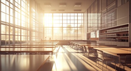 Aufkleber - A sunlit classroom with tables and chairs, emphasizing a learning environment.
