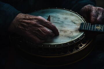 Aufkleber - Close-up of hands playing a banjo, highlighting craftsmanship and musical expression.
