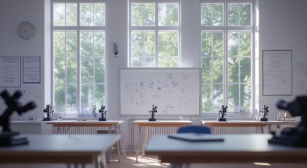 Aufkleber - A bright classroom with microscopes and a whiteboard, designed for science education.