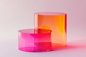 Fototapete - Two translucent cylindrical shapes in pink and orange hues, creating a modern aesthetic.