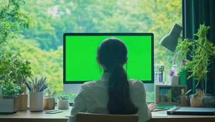 Aufkleber - A person sits at a desk with a green screen computer, surrounded by plants and nature.