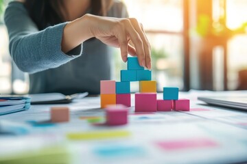 Aufkleber - A person stacking colorful blocks on a table, symbolizing creativity and organization.