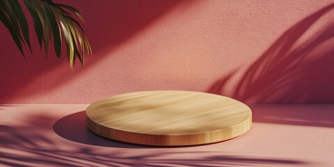 Aufkleber - A wooden circular platform against a pink wall, creating a modern display setting.