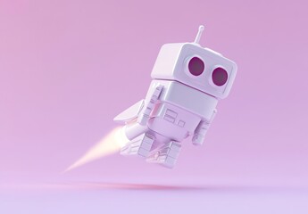 Leinwandbilder - A white robot with a boxy head is flying upward, emitting a trail of smoke.